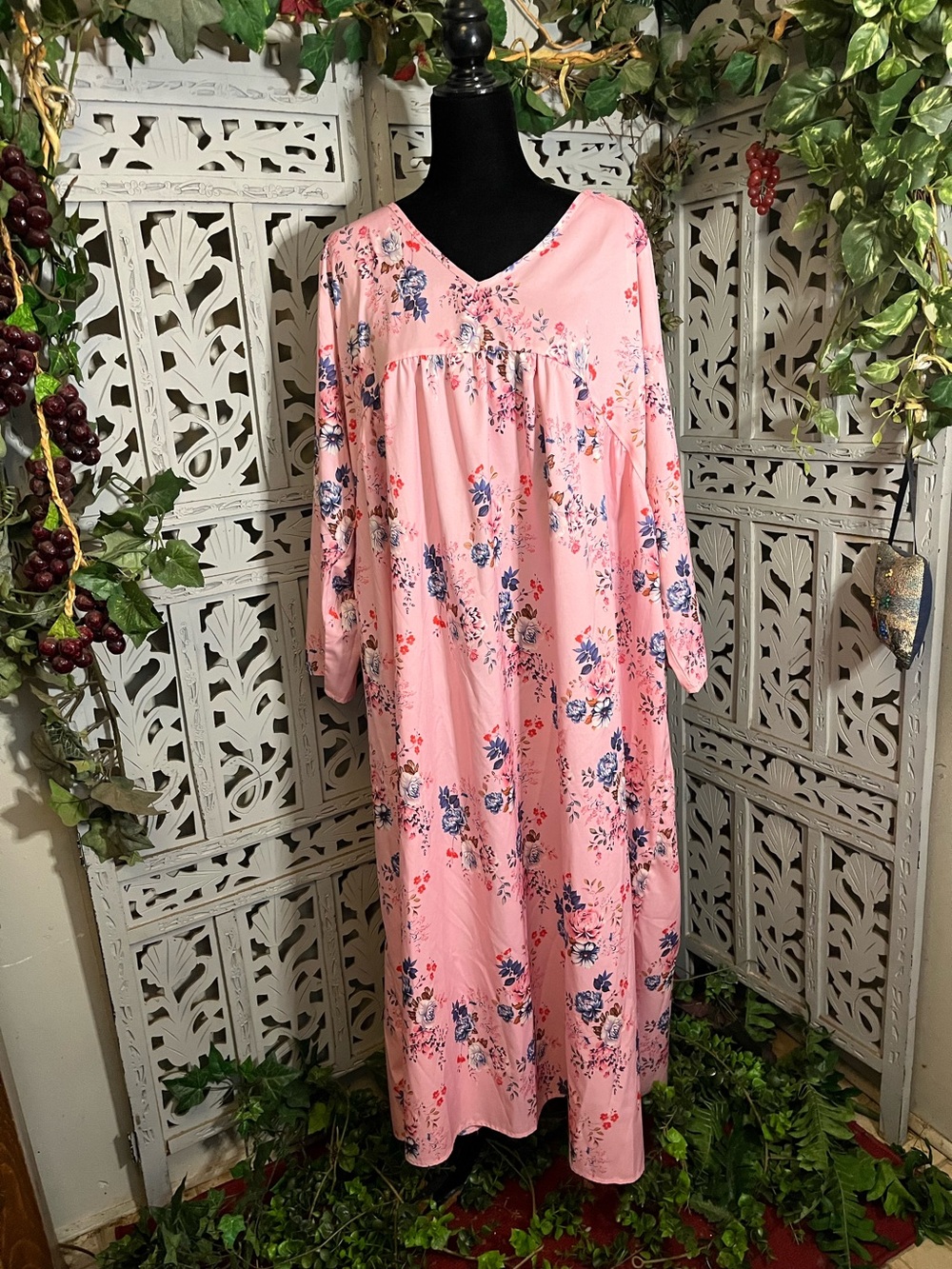 CHARMING ALL-OVER PINK WITH BLUE & MULTICOLOR FLORAL PATTERN LONG SLEEVE DRESS